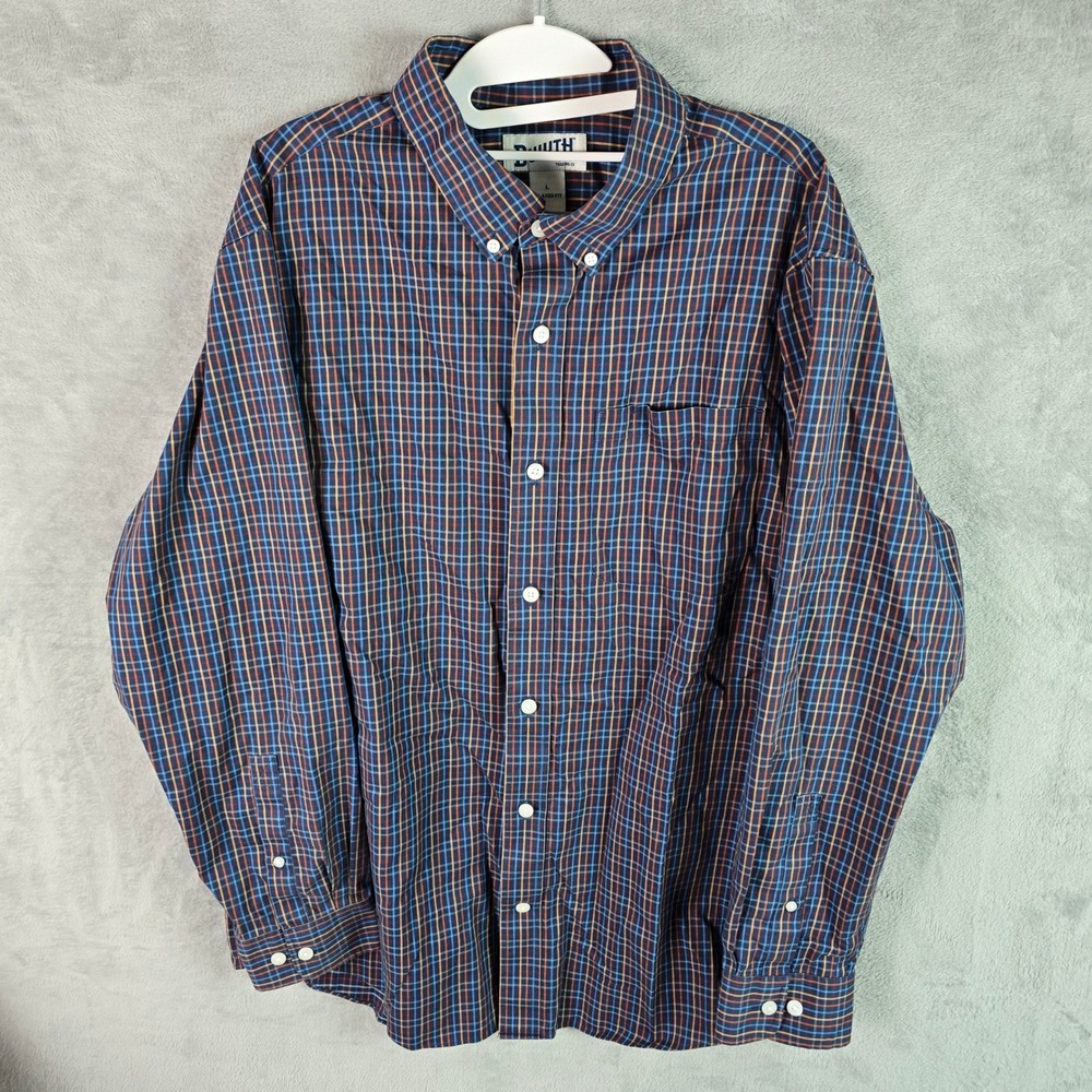 Duluth Trading Co Mens Large Relaxed Fit Plaid Button Down Shirt Blue And Orange